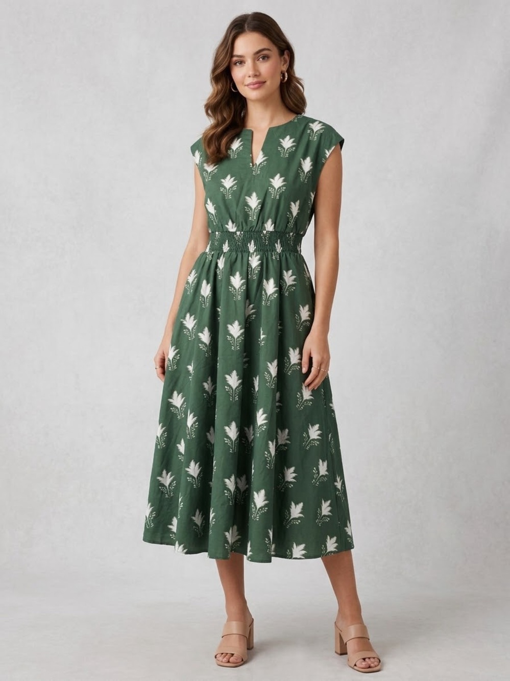 crown & ivy Green Floral Midi Dress with Smocked Waist
